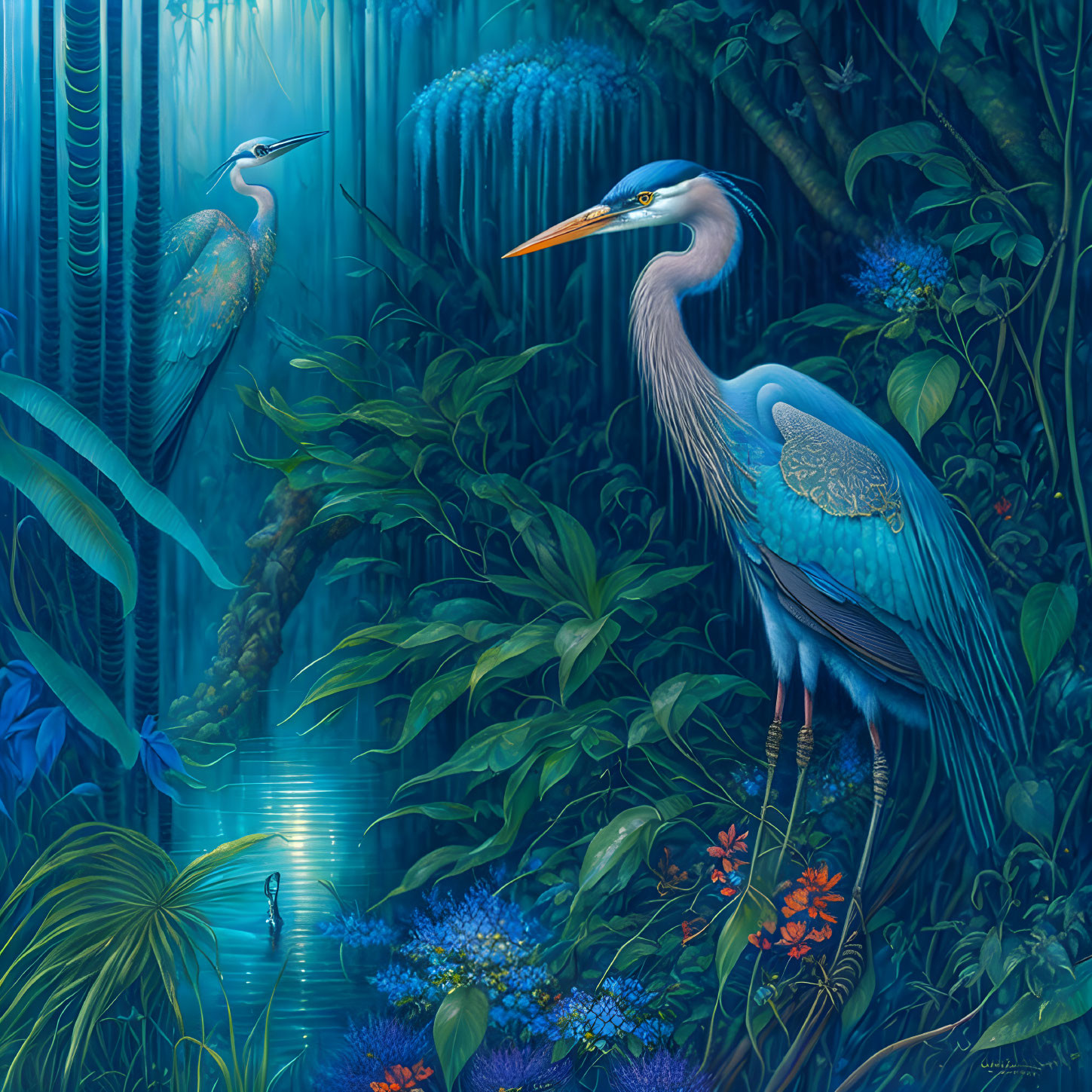 Detailed Heron and Peacock in Lush Blue Foliage