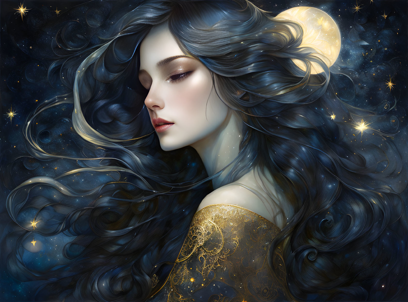 Woman with Wavy Hair Merging into Night Sky and Crescent Moon