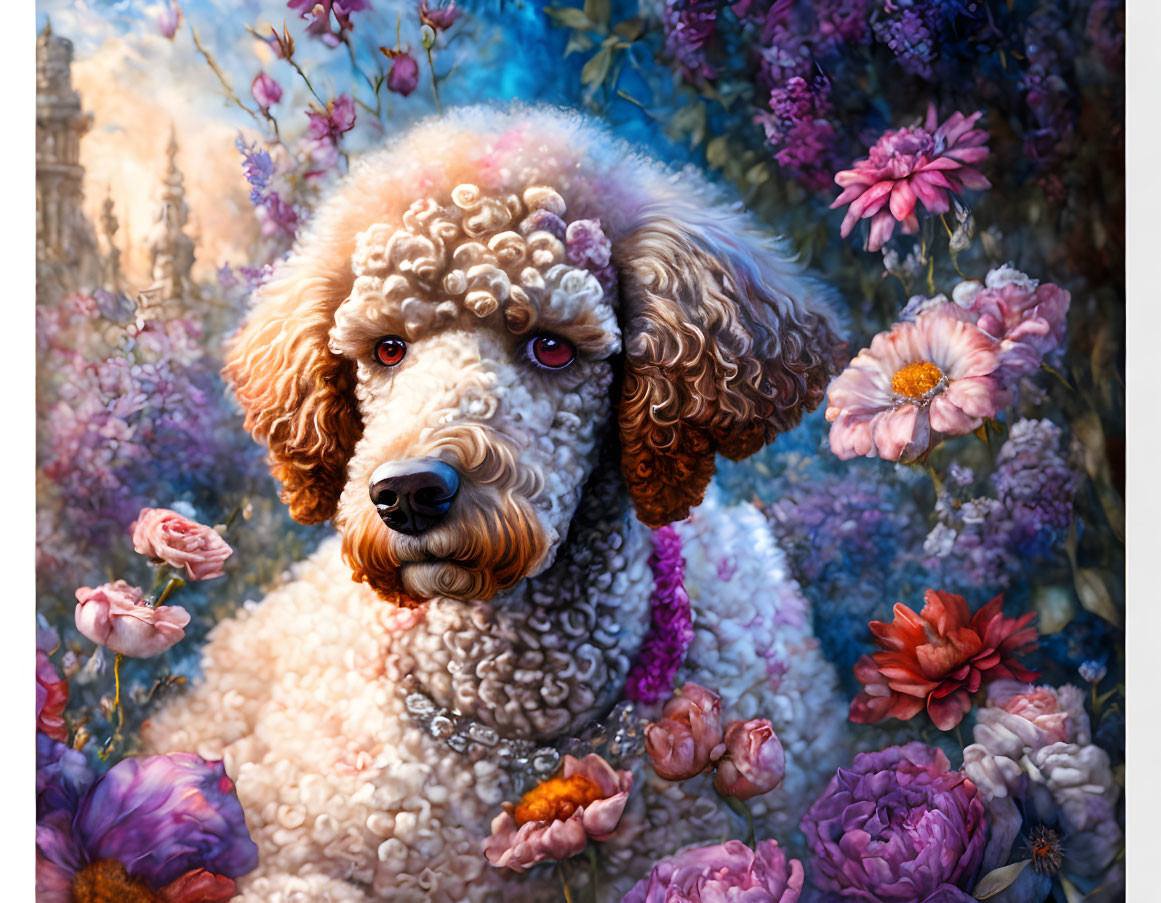 Detailed Illustration: Poodle with Pearly Necklace in Vibrant Floral Setting