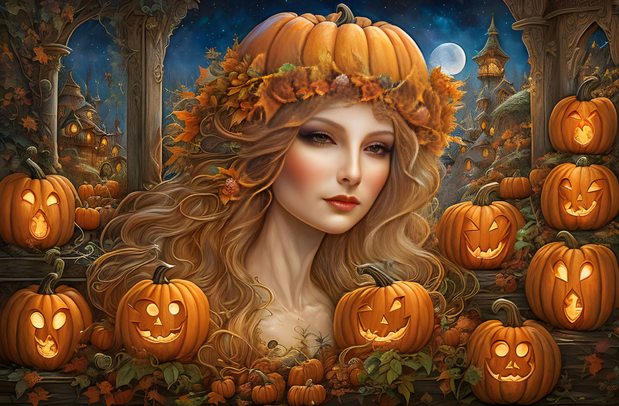 Woman with flowing hair in pumpkin crown surrounded by carved pumpkins in spooky village.