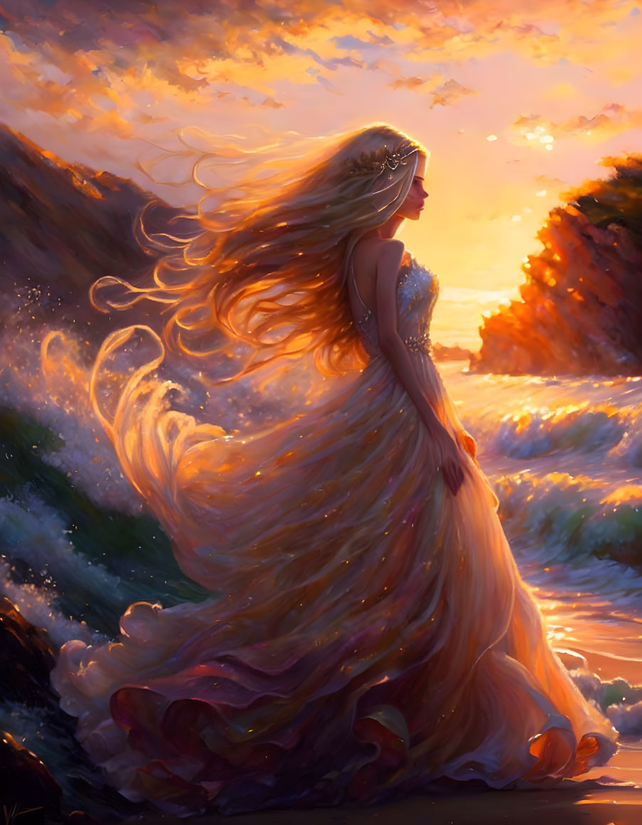 Woman in flowing dress on beach at sunset with billowing hair, crashing waves, and cliffs