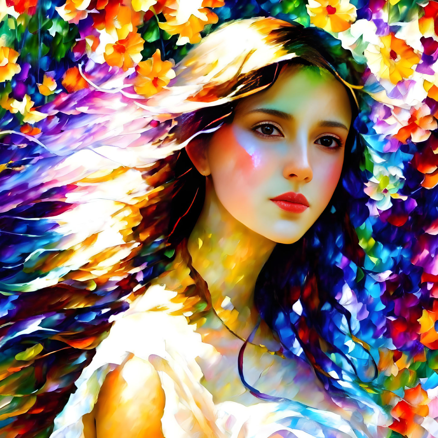 Colorful digital painting of woman with floral and feather patterns