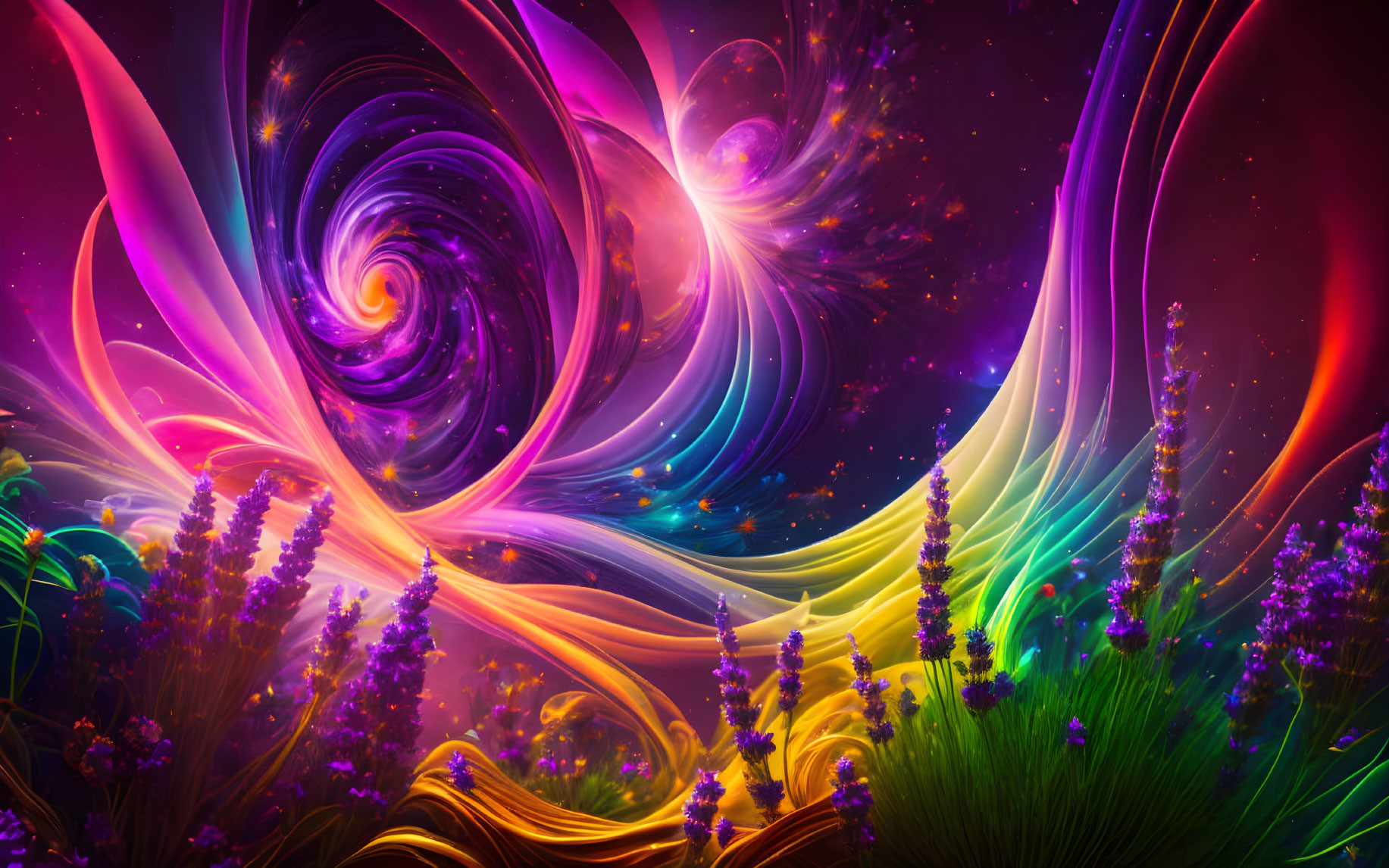 Colorful cosmic digital art with swirling patterns on starry backdrop & purple florals