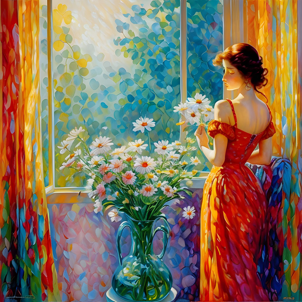 Woman in red dress with white daisies by sunlit window