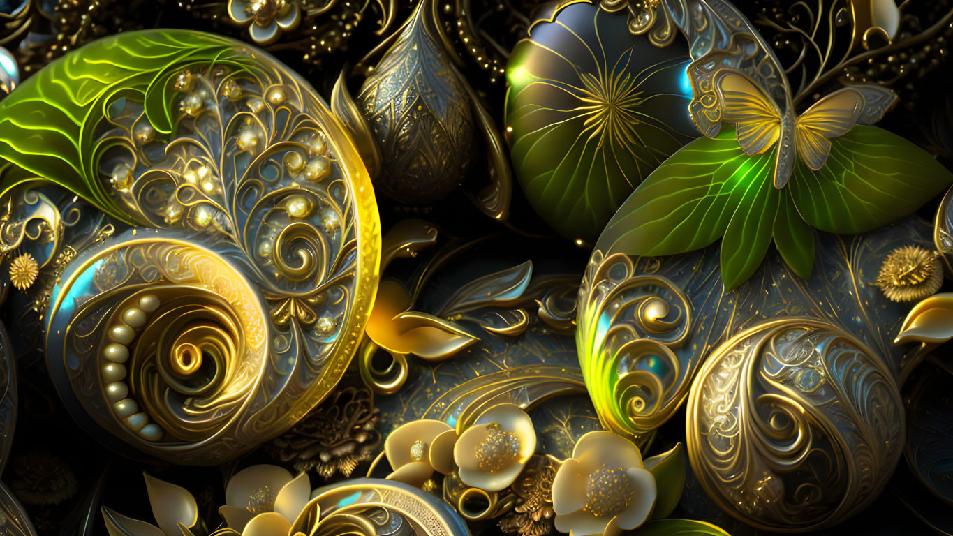 Golden swirls and butterfly on dark background with botanical elements