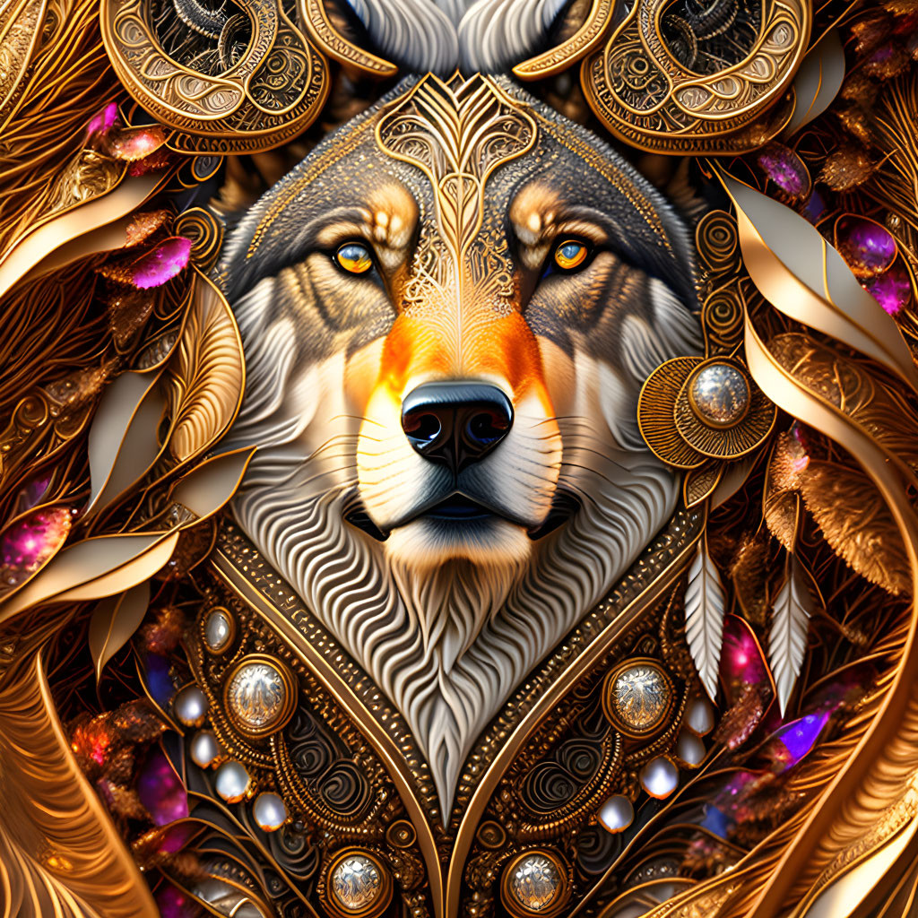 Intricate Digital Illustration of Ornate Wolf Head with Gold Patterns