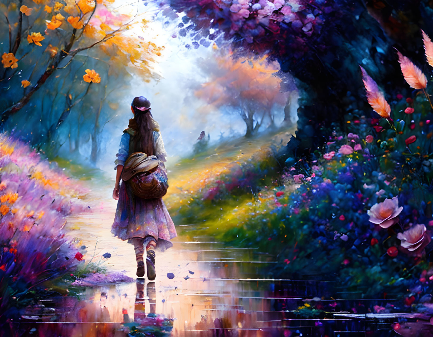 Girl walking on flower-lined path through mystical forest with basket and warm glow.