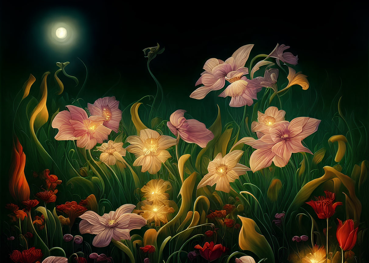 Mystical Night Garden with Glowing Flowers and Full Moon