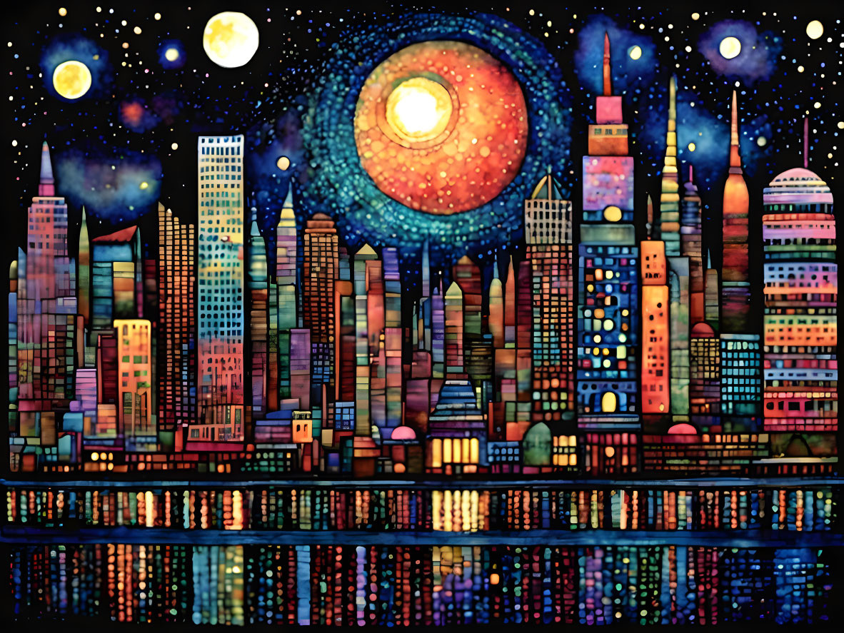 Colorful Night Cityscape with Starry Sky and Yellow Moon