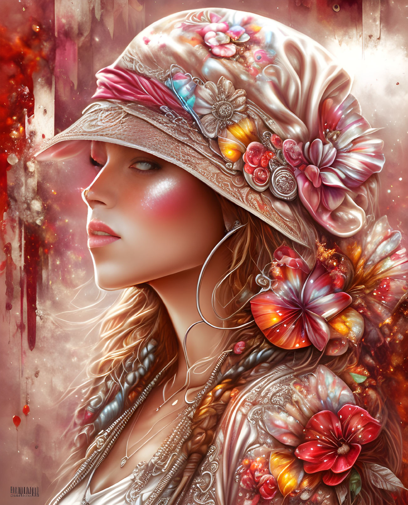 Detailed Portrait of Woman with Floral Hat, Vibrant Flowers, Butterfly