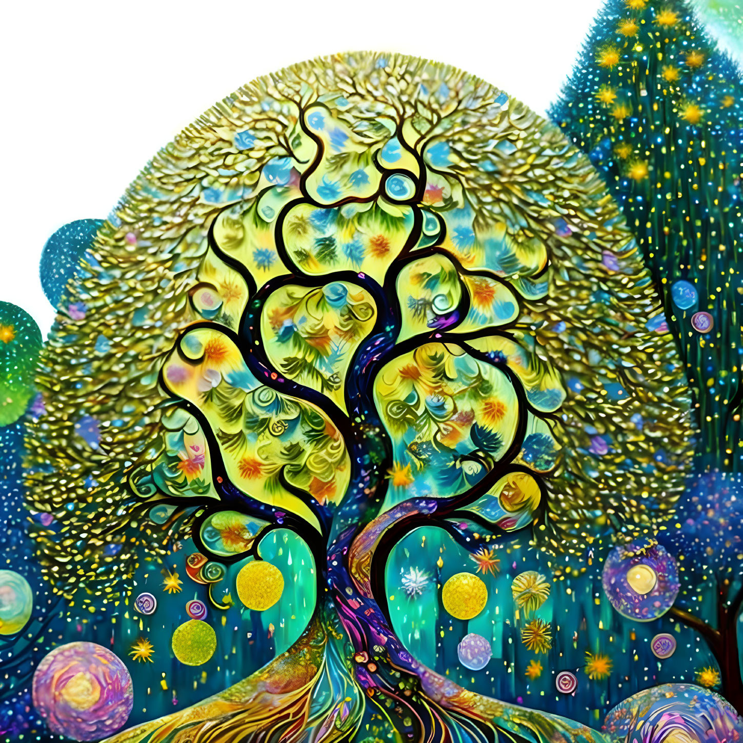 Colorful, Stylized Tree Artwork on Starry Background