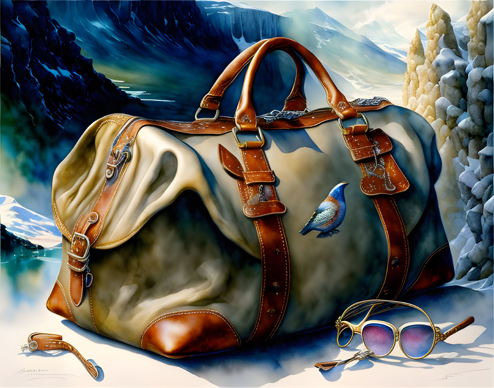 Hyper-realistic leather travel bag, aviator sunglasses, small airplane in snowy cliffs and serene sea.