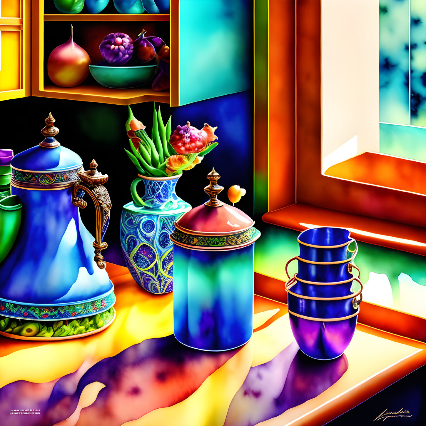 Colorful Still-Life Painting Featuring Pottery, Stacked Cups, and Fruit