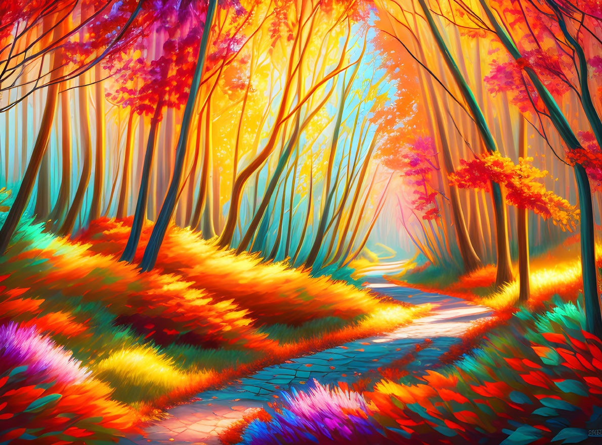 Colorful Fall Woodland Scene with Winding Path and Sunlight Rays