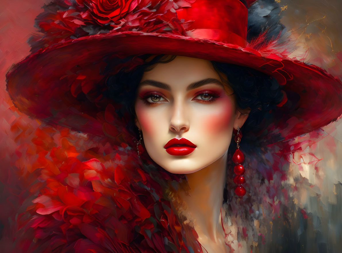 Portrait of Woman with Striking Red Lips and Large Red Hat Adorned with Roses