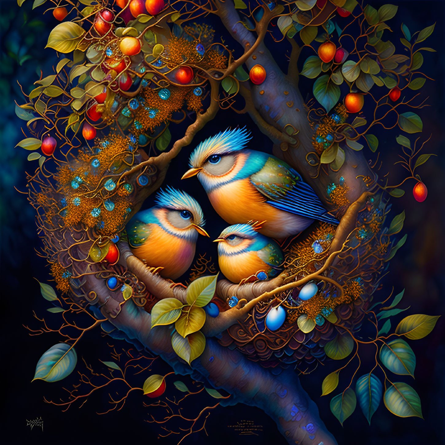 Colorful birds in intricate digital artwork with berries and ornate branches