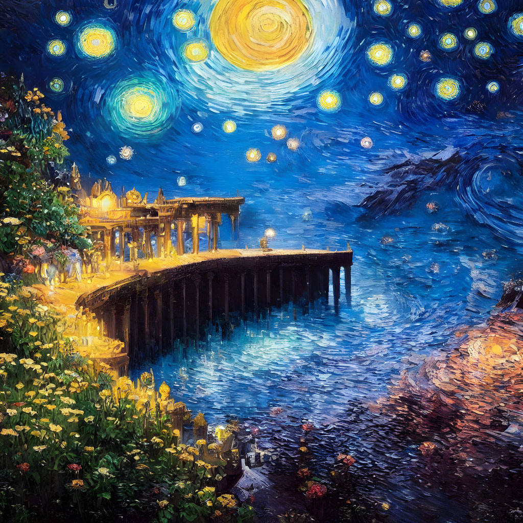 Colorful Starry Night Painting with Pier and Floral Foreground