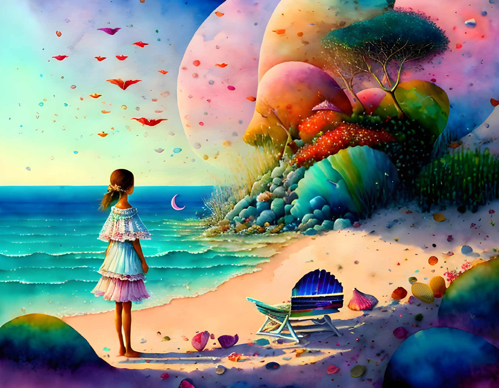 Colorful beach scene with oversized plants, flying fish, and crescent moon.