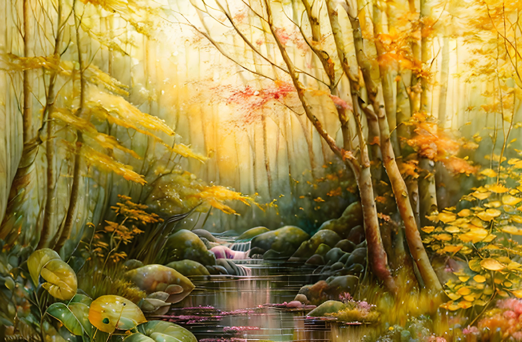 Enchanting Forest Scene with Stream and Sun Rays