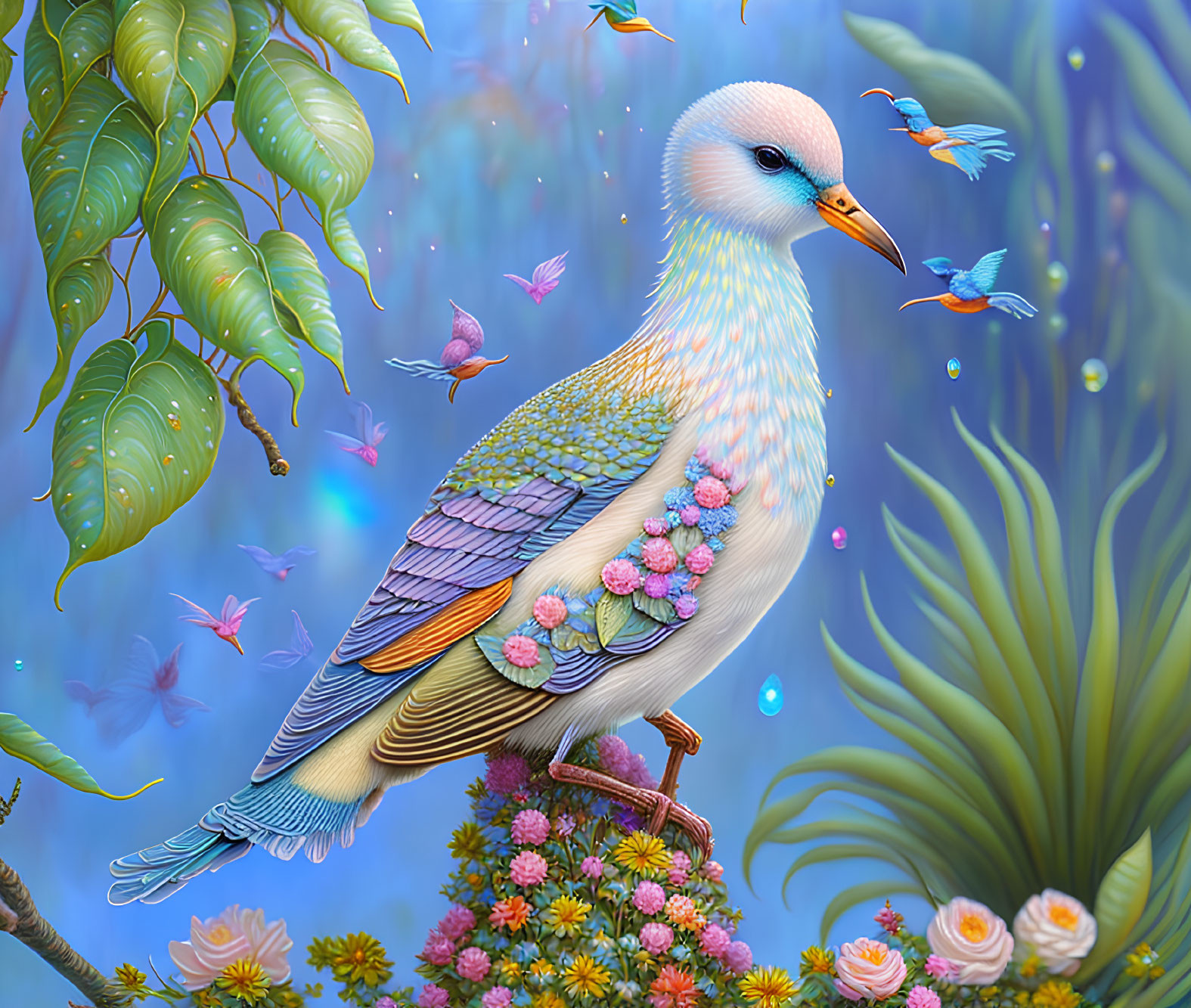 Colorful fantastical bird perched on blossom in lush greenery