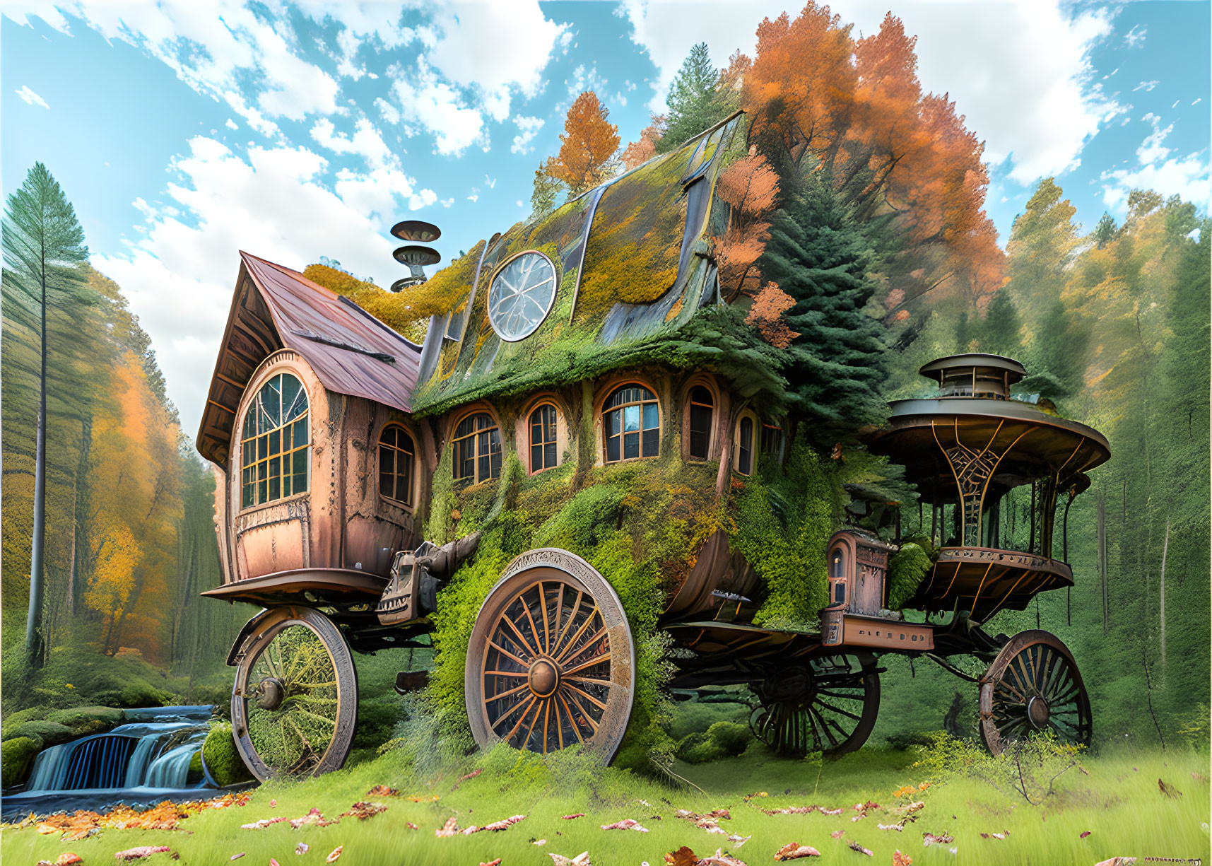 Fantasy-style wooden house on wheels in autumn forest with lush greenery