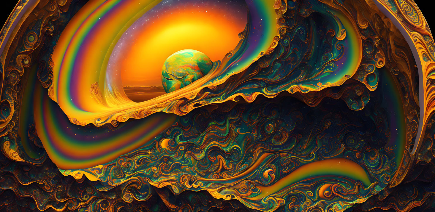 Colorful digital artwork: swirling colors and patterns with a planet on luminous backdrop