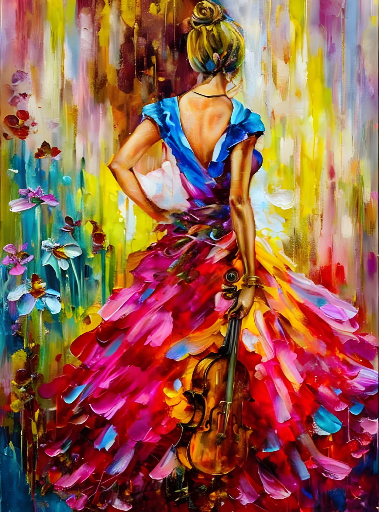 Colorful Dress Woman with Violin in Abstract Background