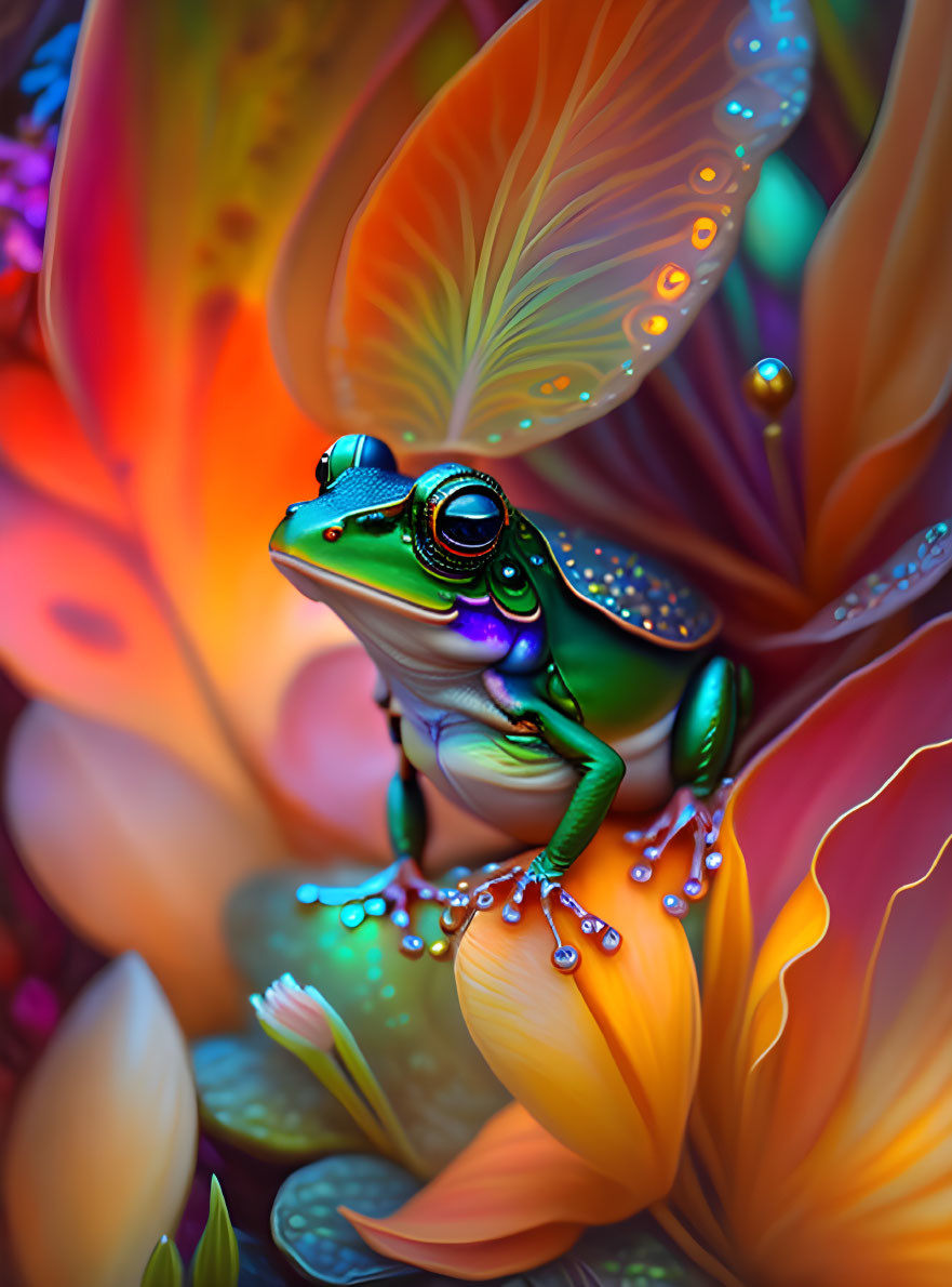 Colorful stylized frog in fantastical flora with water droplets