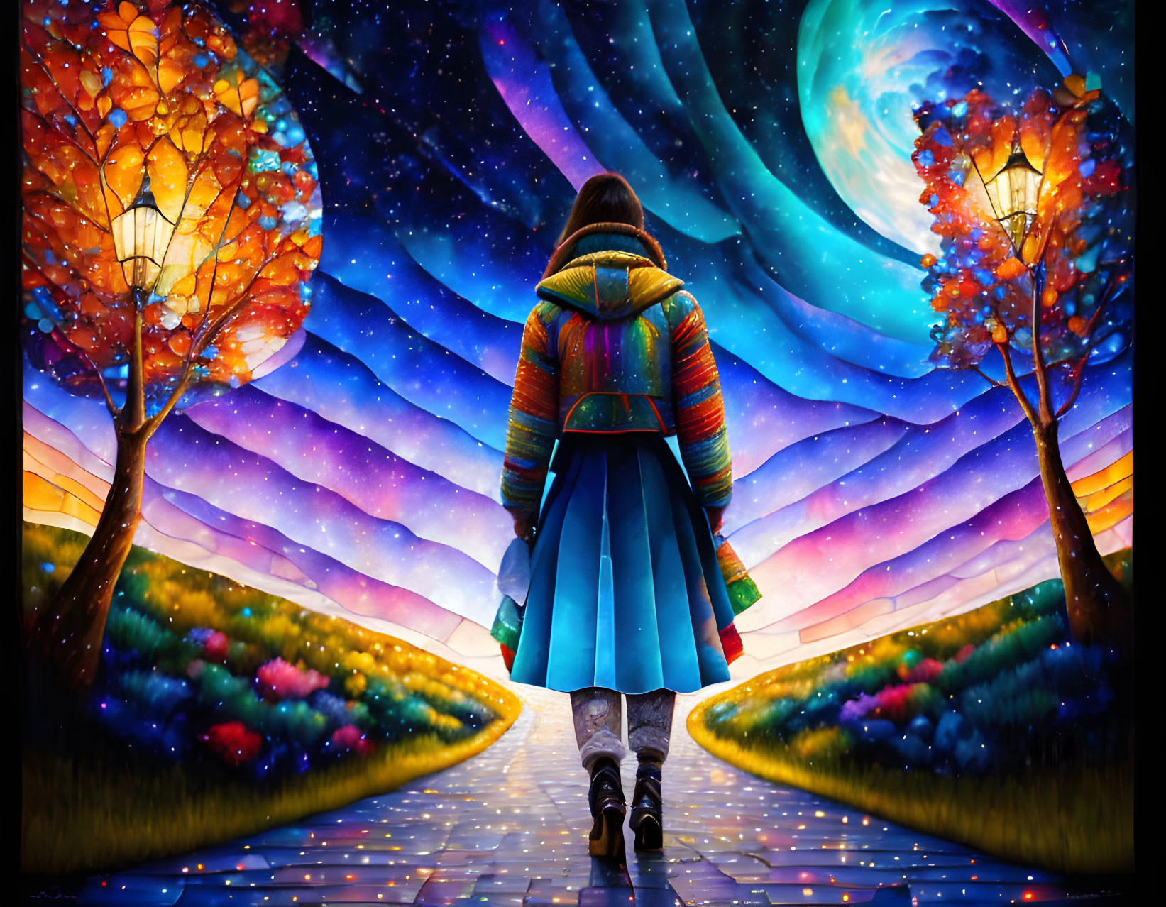 Colorful Coat Figure on Vibrant Path with Luminous Trees