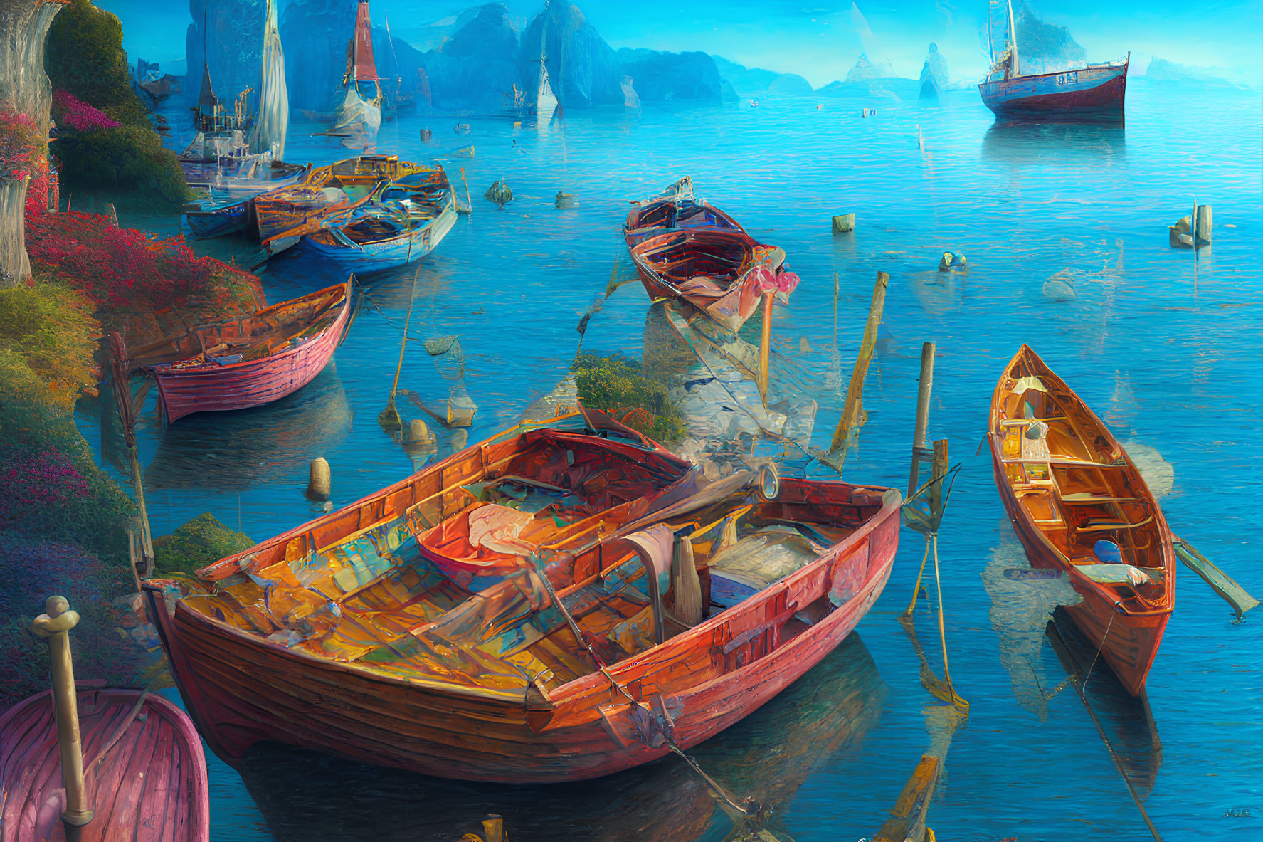 Tranquil Harbor Scene with Colorful Boats, Misty Mountains, and Sunny Sky