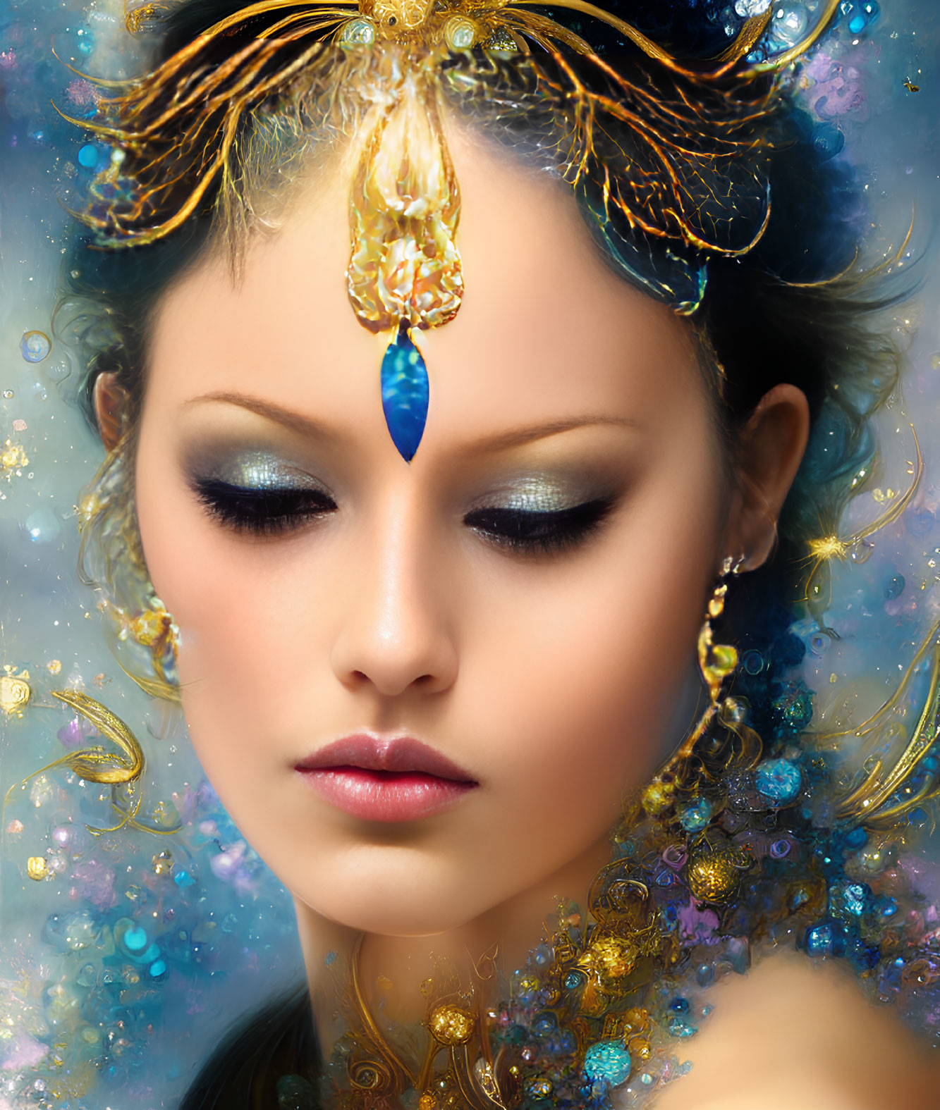 Elaborate Golden Head Jewelry on Woman in Digital Portrait