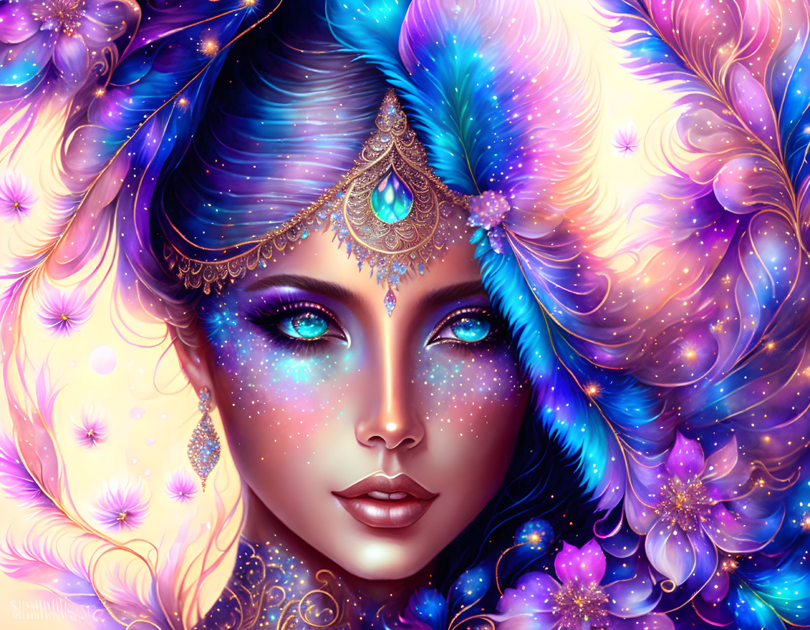 Colorful digital portrait of woman with blue and purple hair and galaxy makeup