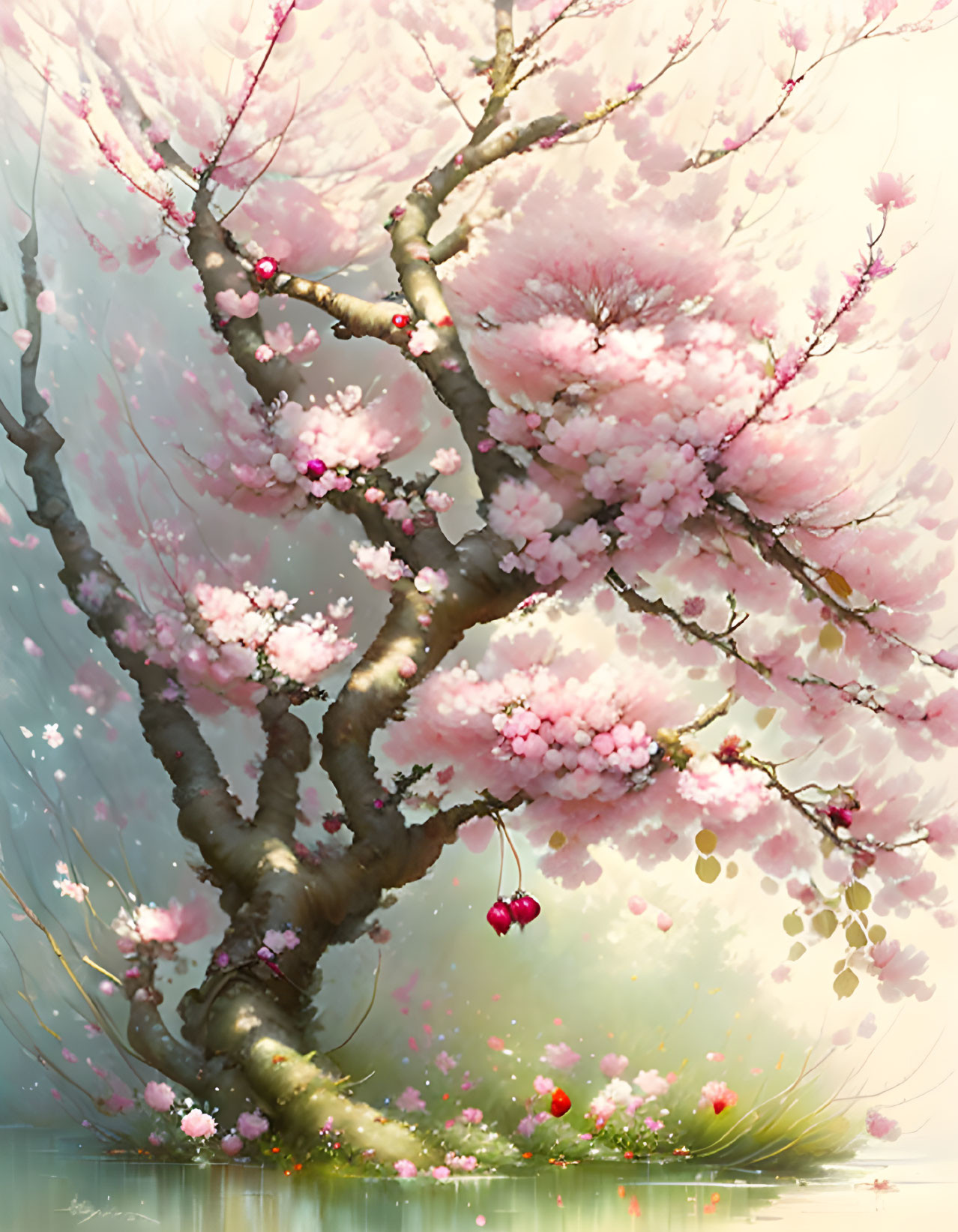 Tranquil painting of blossoming cherry tree in soft sunlight