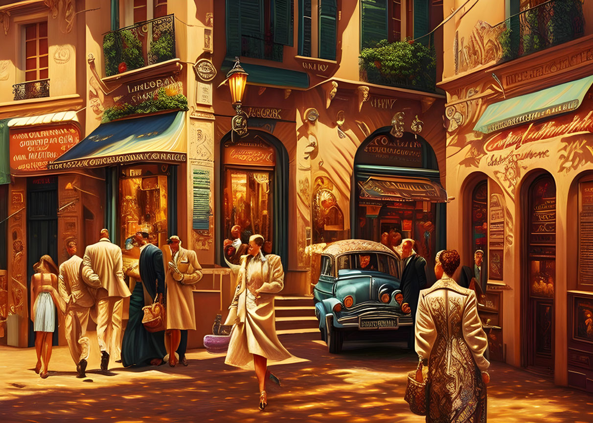 Vintage Clothing, Classic Car, and Ornate Shop Fronts in Vibrant Street Scene