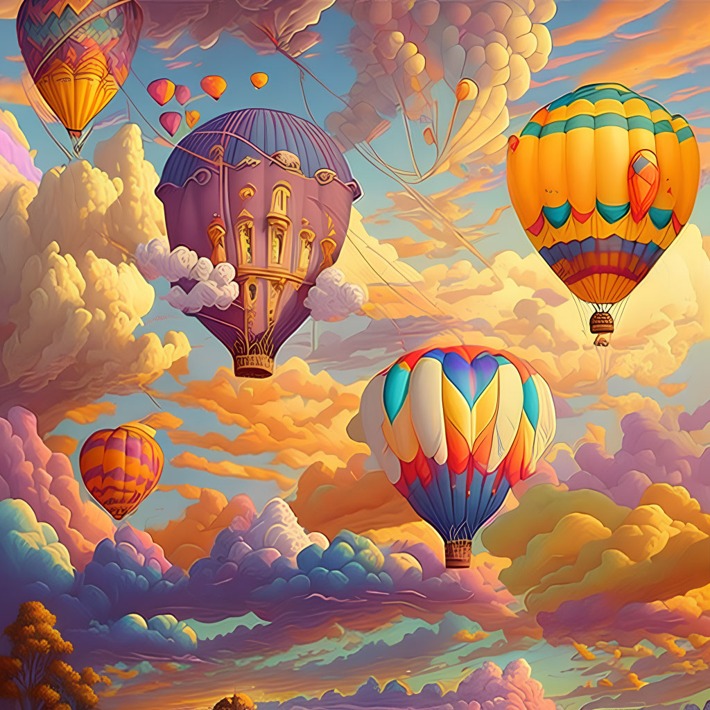 Vibrant hot air balloons in dreamlike sunset sky