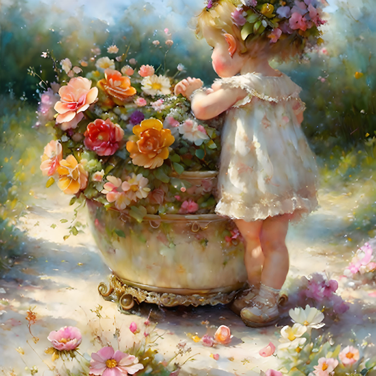 Child in floral wreath near blooming flowers on sunny path