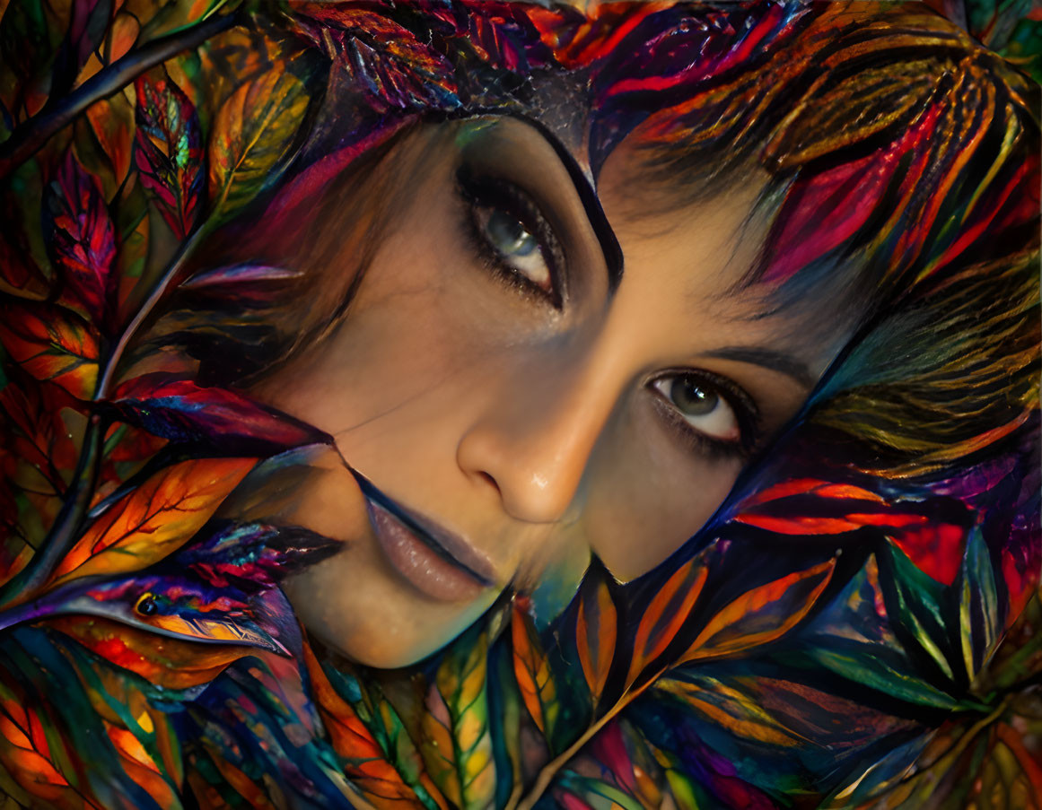 Woman's Face in Vibrant Multicolored Leaf Tapestry