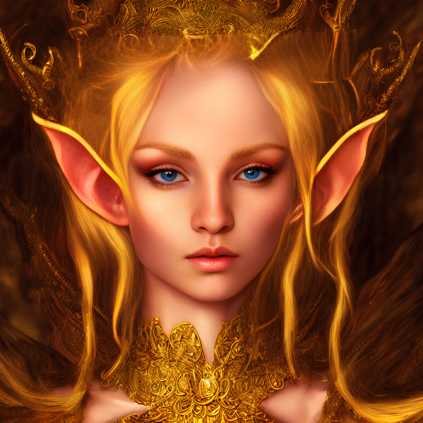 Fantasy illustration of female with pointed ears and blue eyes