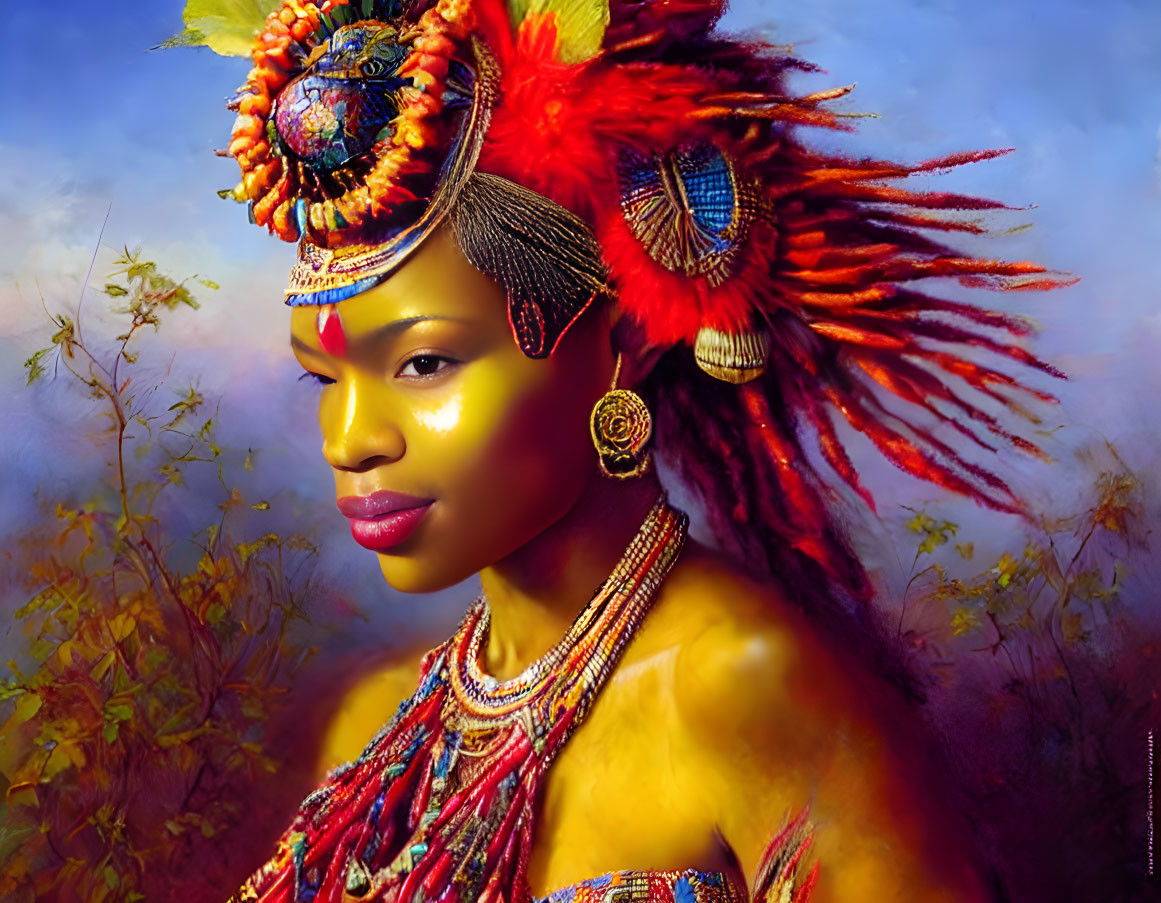 Woman in Red Feather Headdress with Jewel Accessories against Blue Sky