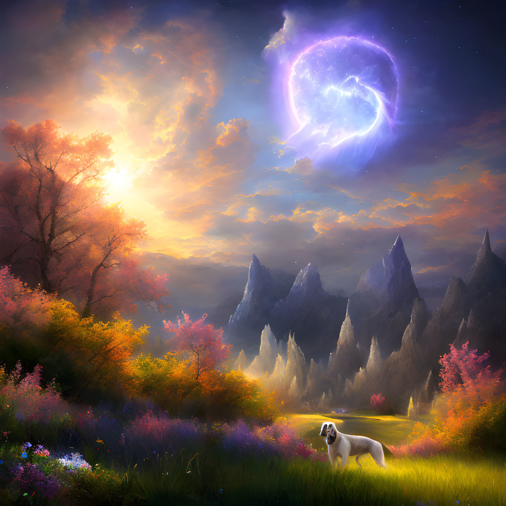 Tranquil sunset landscape with vibrant flowers, distant mountains, dog, and glowing nebula