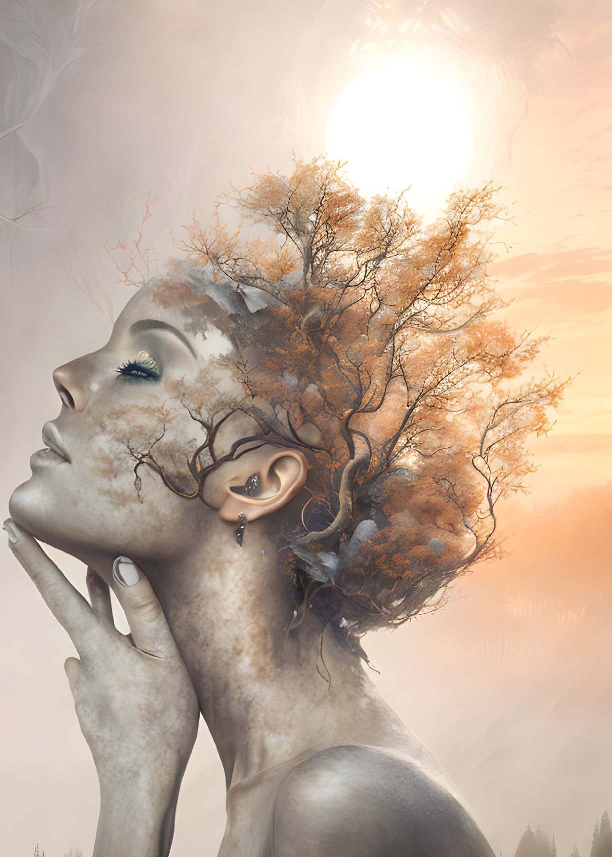 Surreal portrait of woman with tree growing from head in misty backdrop