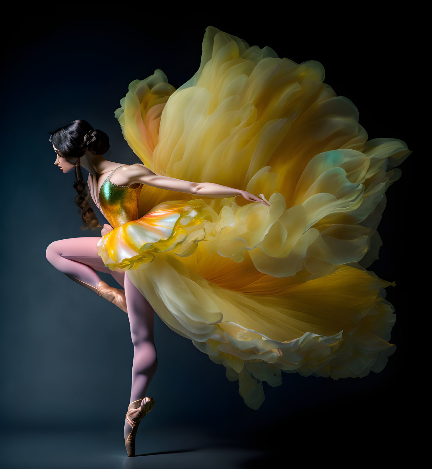 Ballerina in vibrant yellow tutu balancing en pointe