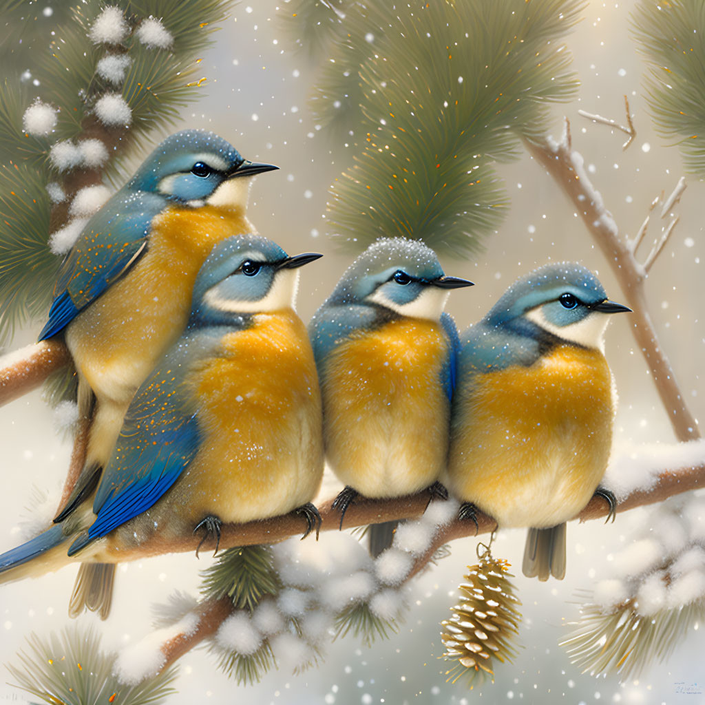 Stylized blue and orange birds on branch with pine needles in snow