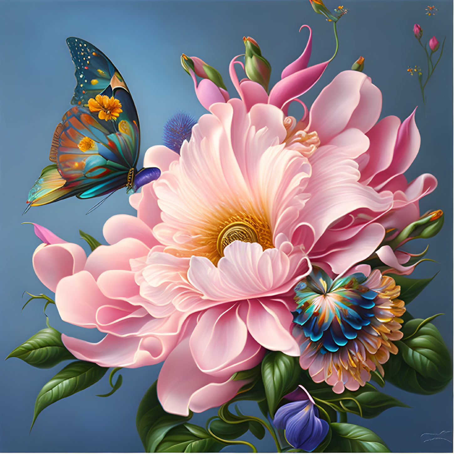 Colorful digital artwork: Large pink peony, intricate petals, two butterflies, soft blue background