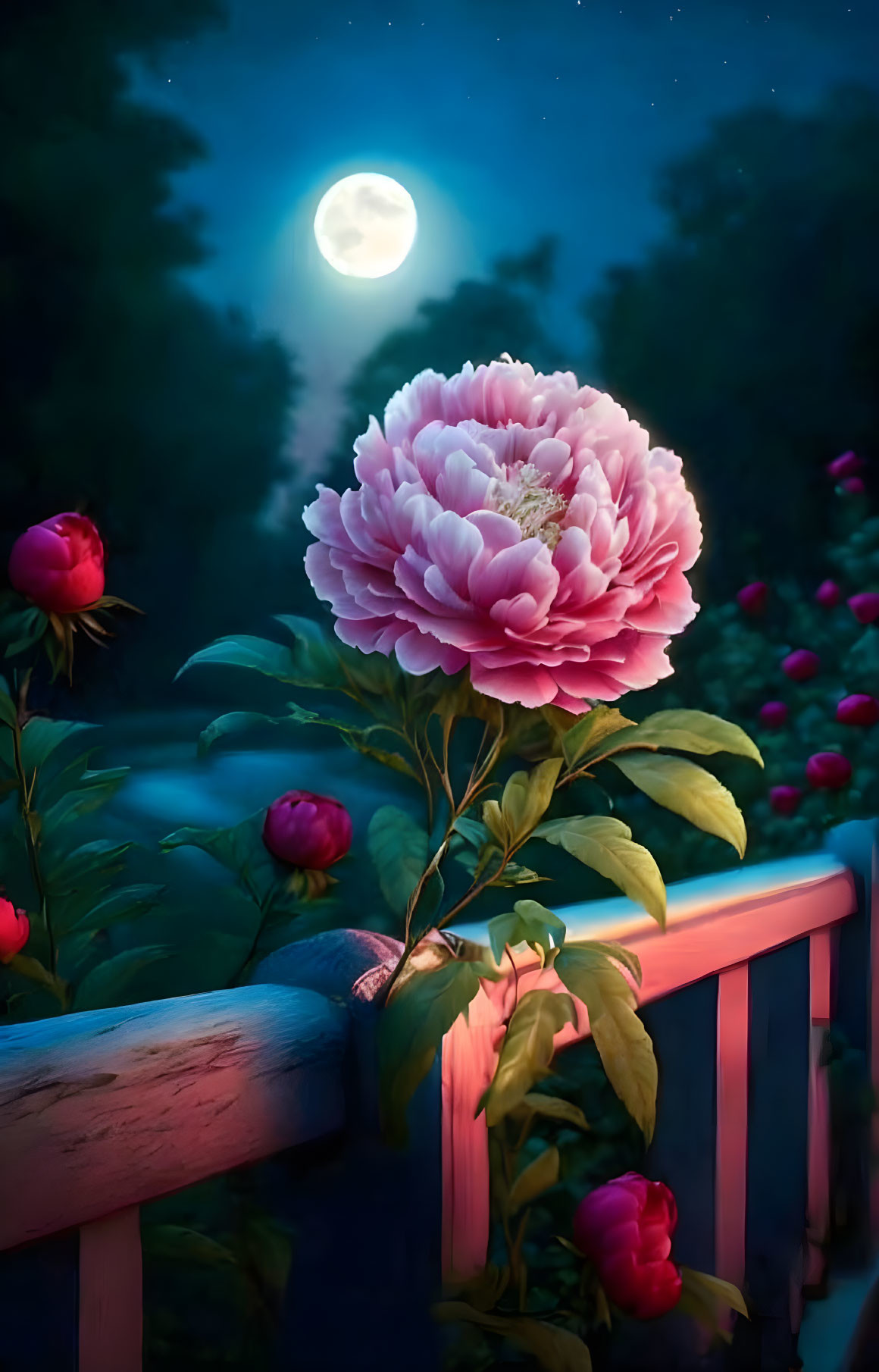 Pink peony flower under full moon with blue railing in shadowy setting