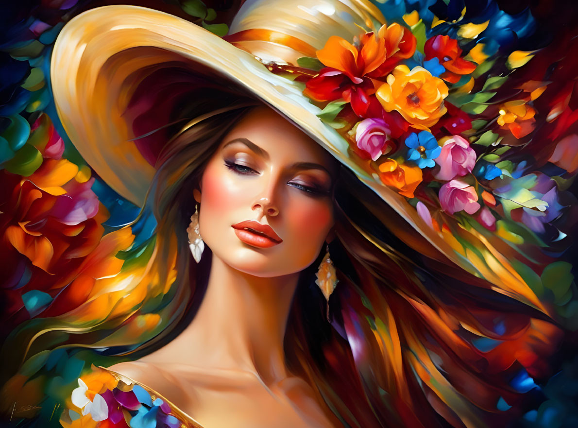 Woman with Long Hair in Floral Hat on Colorful Abstract Background