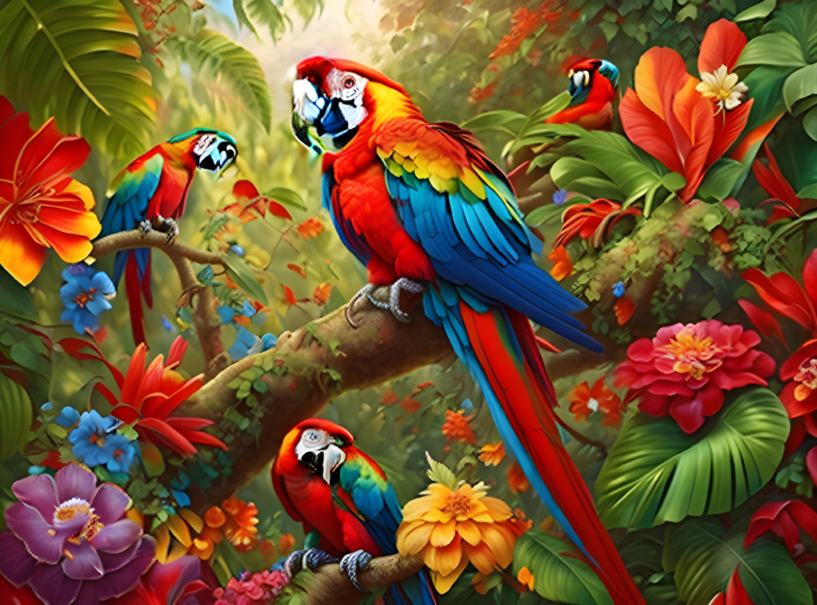 Vibrant Parrots in Tropical Floral Setting