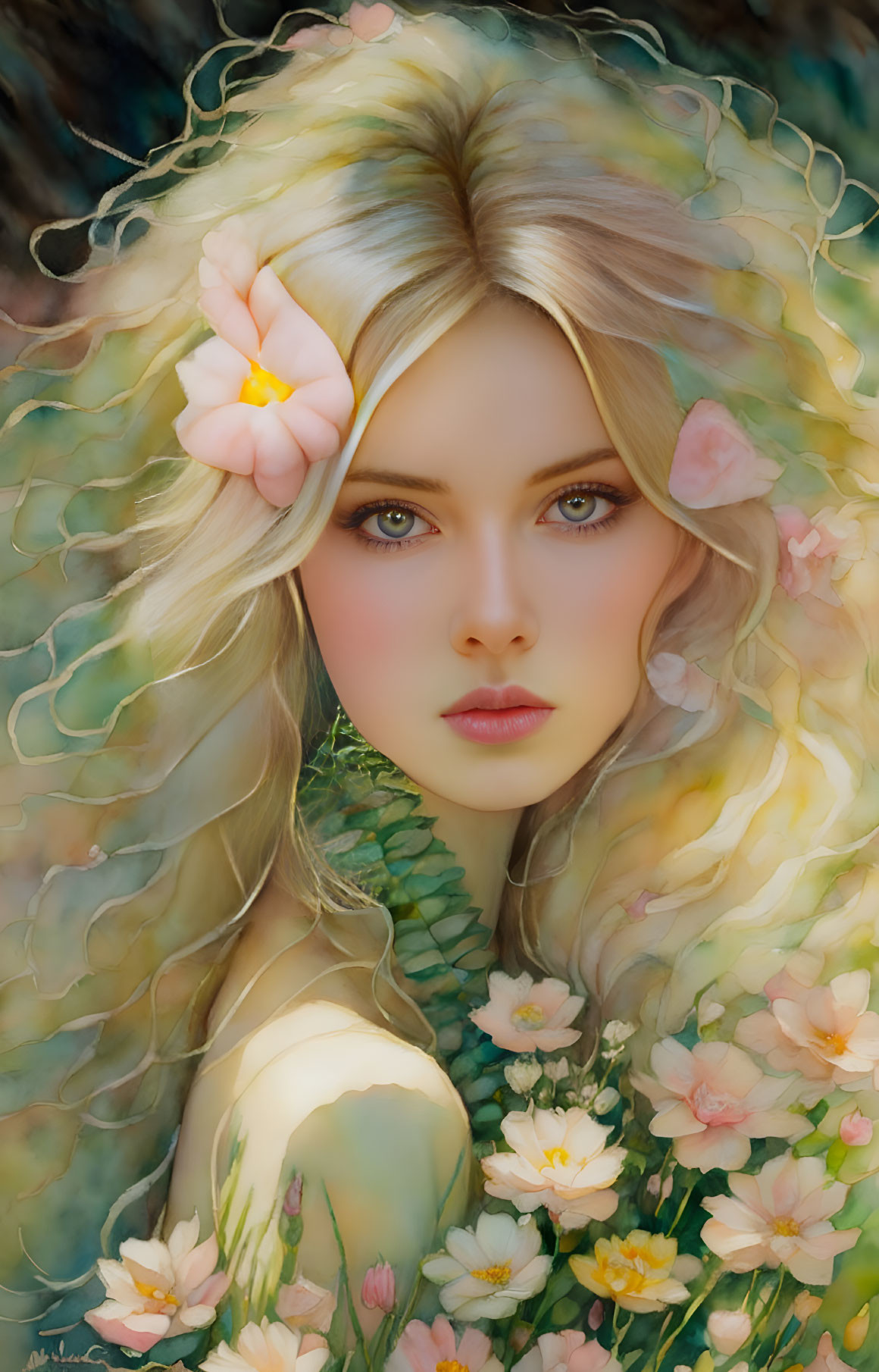 Digital artwork: Woman with blonde hair, pink flowers, blue eyes, delicate hand