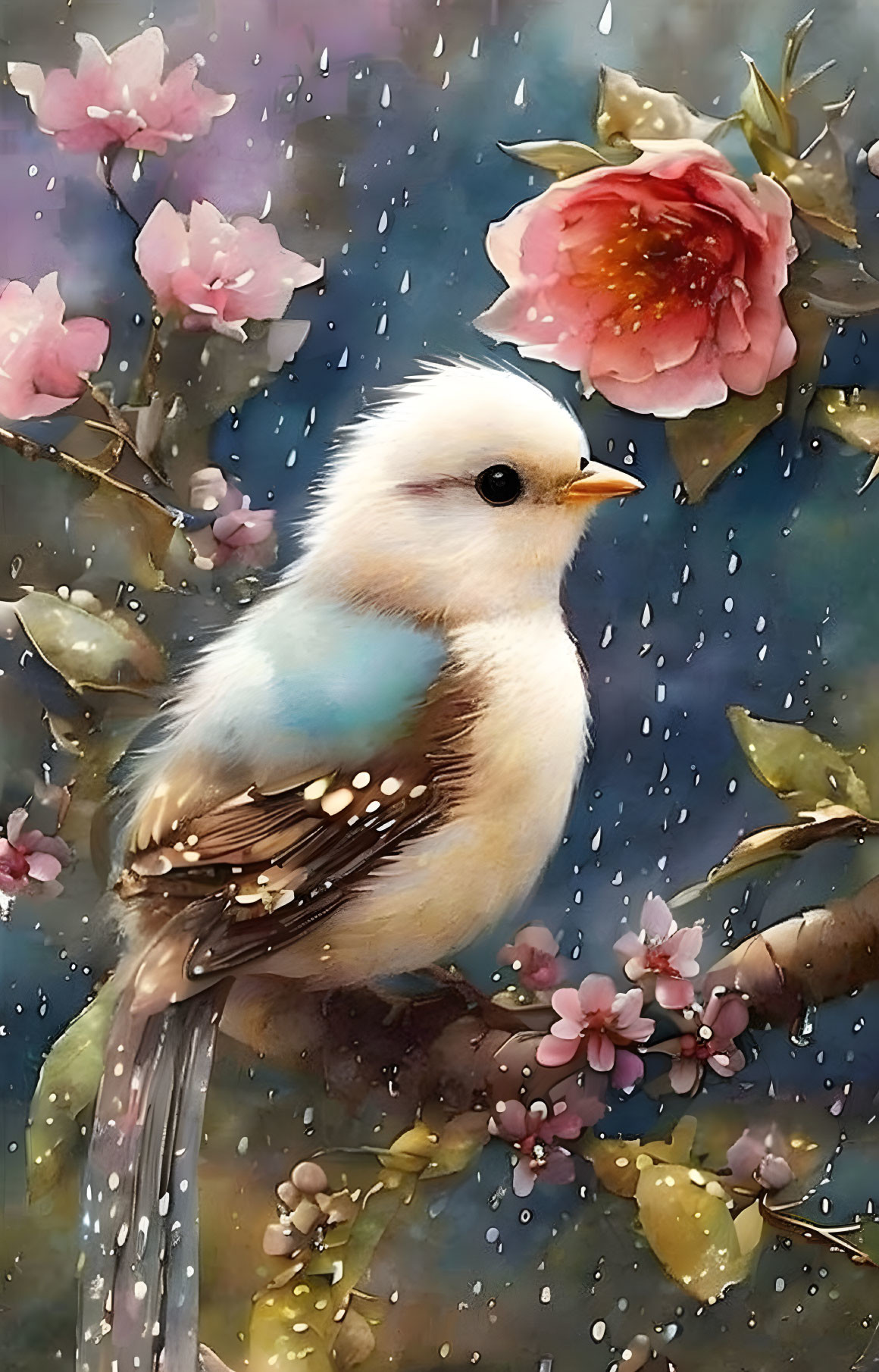 Stylized image: Small bird on branch with blue and white feathers, pink blossoms, rain