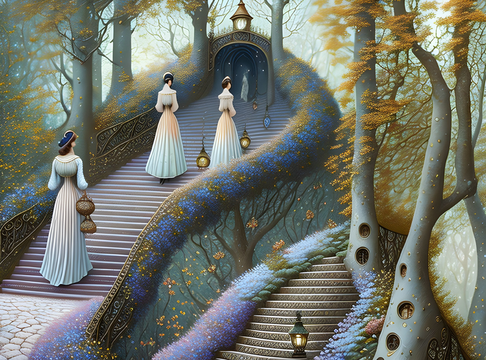 Three women in vintage dresses on spiraled staircase in fantastical forest with glowing lamps and mysterious doorway